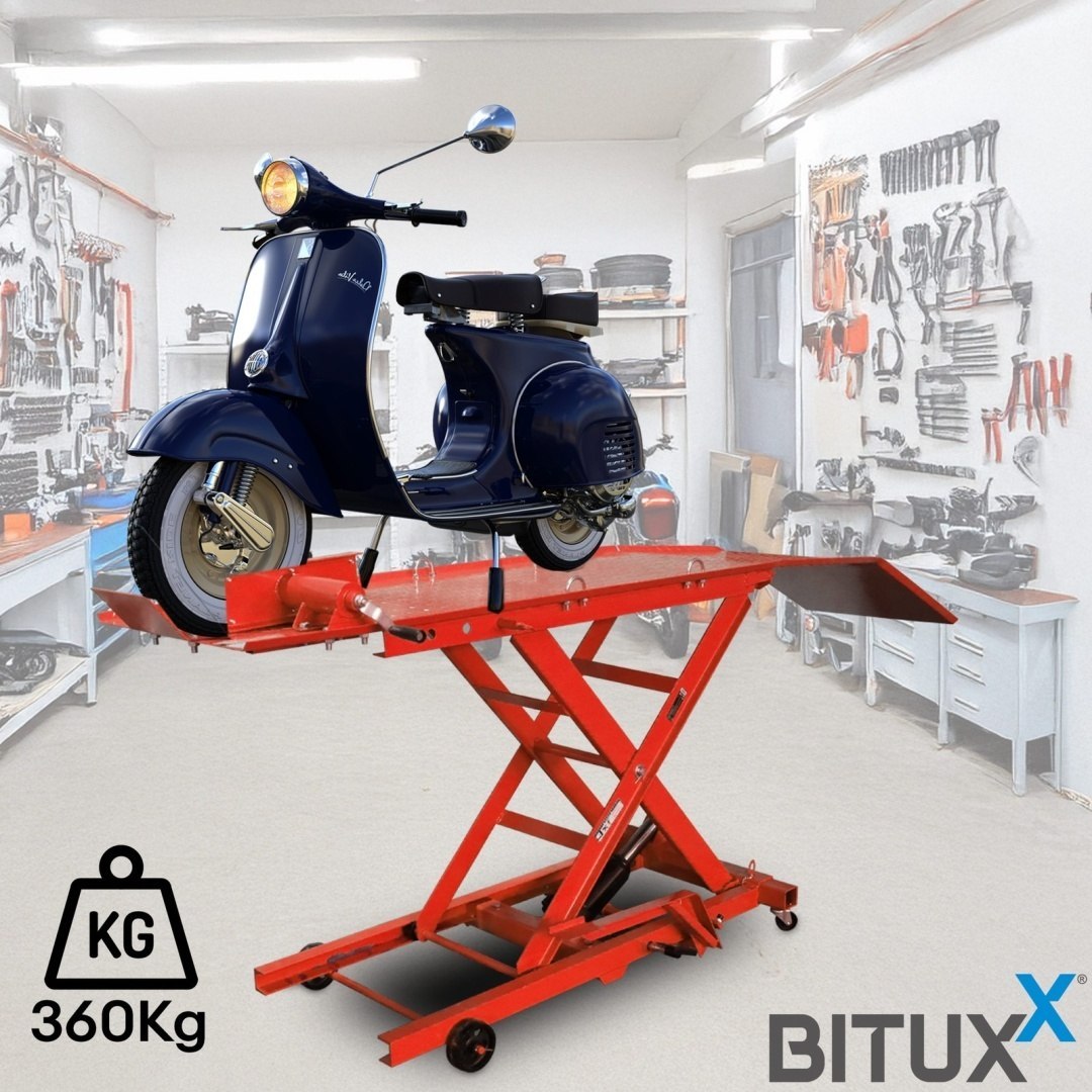 Nůžkový hydraulický zvedák 360 kg pro motocykly s nájezdovou rampou a aretací kola M19723